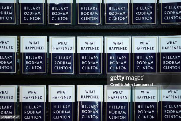 Book display is seen as former US Secretary of State, Hillary Clinton signs copies of her book, "What Happened" at Barnes & Noble Union Square on...