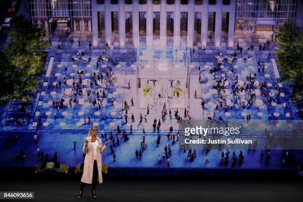 Apple senior vice president of retail Angela Ahrendts speaks during an Apple special event at the Steve Jobs Theatre on the Apple Park campus on...