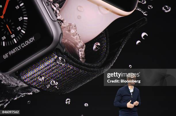 Tim Cook, chief executive officer of Apple Inc., speaks about Apple Watch during an event at the Steve Jobs Theater in Cupertino, California, U.S.,...