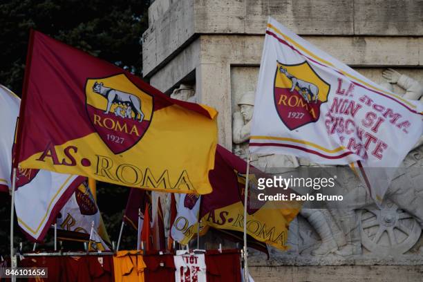 General view of AS Roma flags out of the Stadio Olimpico before the UEFA Champions League group C match between AS Roma and Atletico Madrid at Stadio...