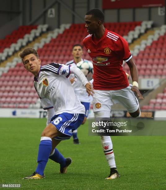 Josh Bohui of Manchester United U19s in action during the UEFA Youth League match between Manchester United U19s and FC Basel U19s at Leigh Sports...