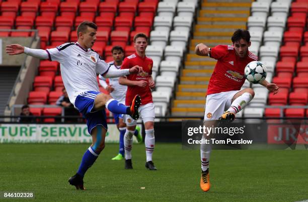 Aidan Barlow of Manchester United U19s in action during the UEFA Youth League match between Manchester United U19s and FC Basel U19s at Leigh Sports...