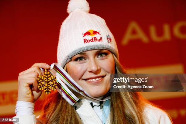 Lindsey Vonn of USA takes 1st place during the Alpine FIS Ski World Championships. Women's Super Giant on February 03, 2009 in Val d'Isere, France.