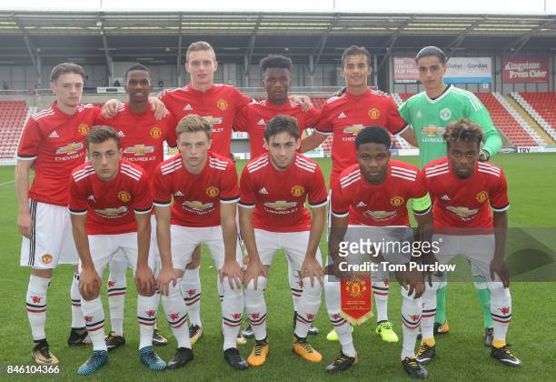 The Manchester United U19s team line up ahead of the UEFA Youth League match between Manchester United U19s and FC Basel U19s at Leigh Sports Village...