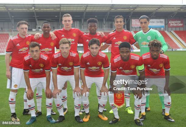 The Manchester United U19s team line up ahead of the UEFA Youth League match between Manchester United U19s and FC Basel U19s at Leigh Sports Village...