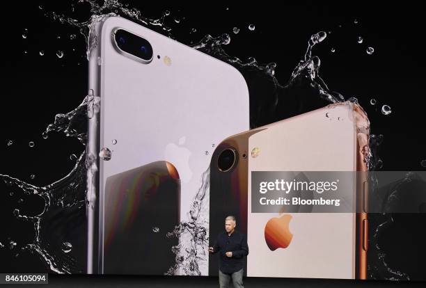 Phil Schiller, senior vice president of worldwide marketing at Apple Inc., pauses while speaking about the new iPhone 8 and 8 Plus during an event at...