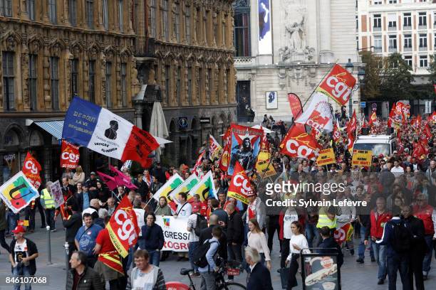 Demonstrators walk during a protest against the labour reform on September 12, 2017 in Paris, France. Last Friday, Macron spoke about the reform and...