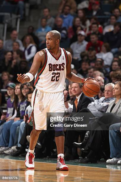 Michael Redd of the Milwaukee Bucks moves the ball against the Toronto Raptors during the game on January 5, 2009 at the Bradley Center in Milwaukee,...