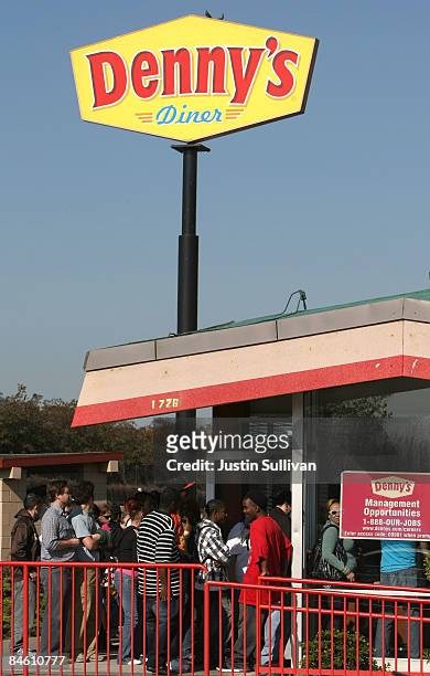 Denny's customers wait in line to get a free breakfast February 3, 2009 in Emeryville, California. People lined up at Denny's across North America...