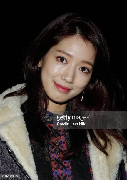 Actress Park Shin-hye poses backstage at Coach Spring 2018 fashion show during New York Fashion Week at Basketball City - Pier 36 - South Street on...