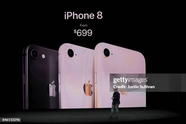 Apple senior vice president of worldwide marketing Phil Schiller speaks during an Apple special event at the Steve Jobs Theatre on the Apple Park...