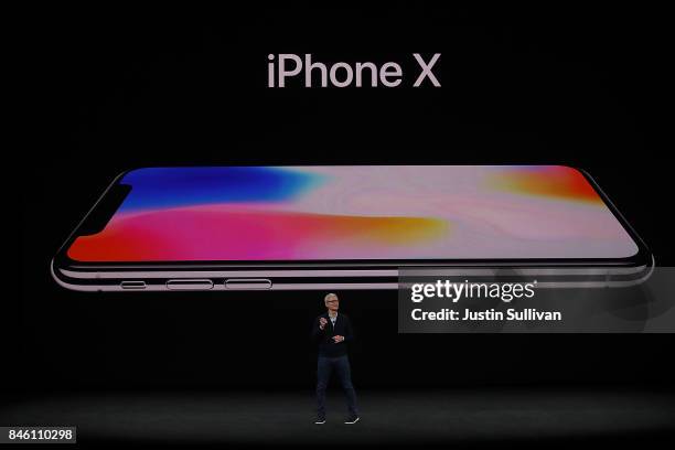 Apple CEO Tim Cook announces the new iPhone X during an Apple special event at the Steve Jobs Theatre on the Apple Park campus on September 12, 2017...