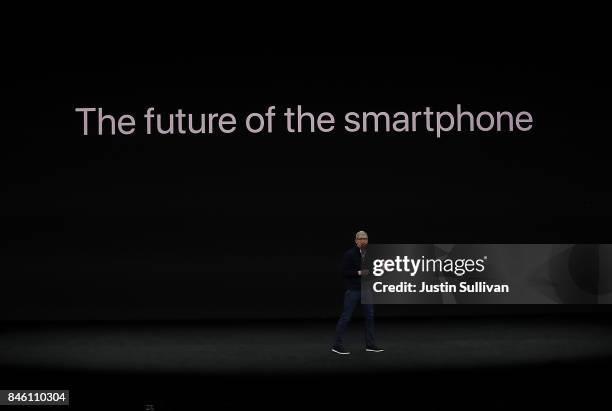 Apple CEO Tim Cook announces the new iPhone X during an Apple special event at the Steve Jobs Theatre on the Apple Park campus on September 12, 2017...