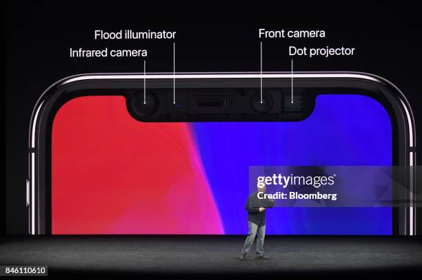 Phil Schiller, senior vice president of worldwide marketing at Apple Inc., speaks about the iPhone X during an event at the Steve Jobs Theater in...