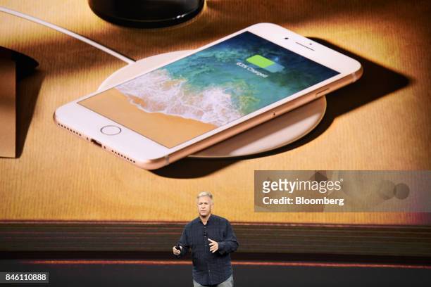Phil Schiller, senior vice president of worldwide marketing at Apple Inc., speaks about the iPhone 8 and 8 Plus during an event at the Steve Jobs...