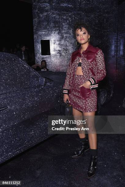 Actress Kiersey Clemons poses attends Coach Spring 2018 Fashion Show during New York Fashion Week at Basketball City - Pier 36 - South Street on...