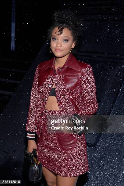 Actress Kiersey Clemons poses backstage during Coach Spring 2018 Fashion Show during New York Fashion Week at Basketball City - Pier 36 - South...