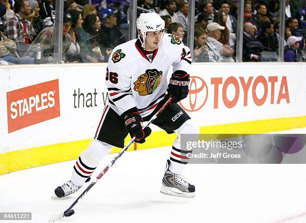 Dave Bolland of the Chicago Blackhawks skates with the puck during the game against the Los Angeles Kings at the Staples Center on January 29, 2009...