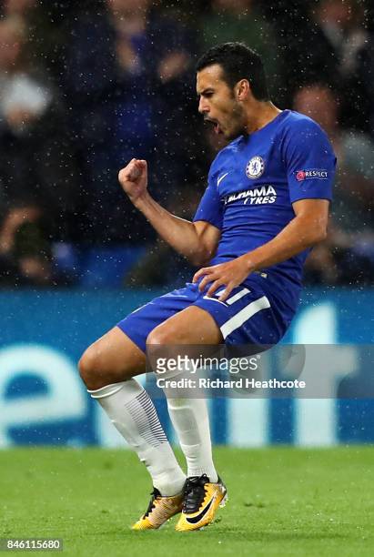 Pedro of Chelsea celebrates scoring his sides first goal during the UEFA Champions League Group C match between Chelsea FC and Qarabag FK at Stamford...