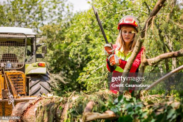 young lumberjack woman chopping a tree branch - forestry worker stock pictures, royalty-free photos & images