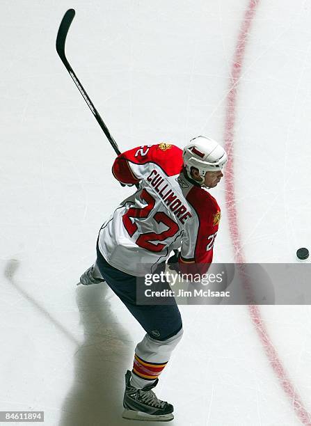 Jassen Cullimore of the Florida Panthers warms up before playing the New York Islanders on January 31, 2009 at Nassau Coliseum in Uniondale, New...