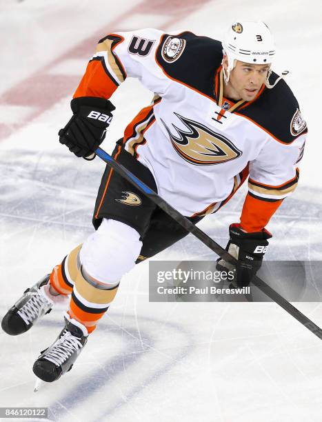 Clayton Stoner of the Anaheim Ducks warms up before the game against the New York Rangers at Madison Square Garden on March 22, 2015 in New York, New...