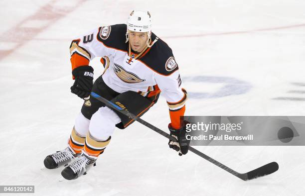 Clayton Stoner of the Anaheim Ducks warms up before the game against the New York Rangers at Madison Square Garden on March 22, 2015 in New York, New...