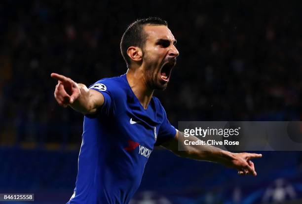Davide Zappacosta of Chelsea celebrates scoring his sides second goal during the UEFA Champions League Group C match between Chelsea FC and Qarabag...