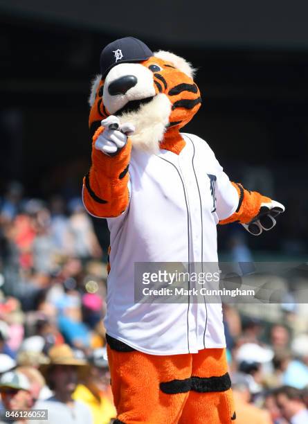 The Detroit Tigers mascot Paws entertains the crowd during the game against the Pittsburgh Pirates at Comerica Park on August 10, 2017 in Detroit,...