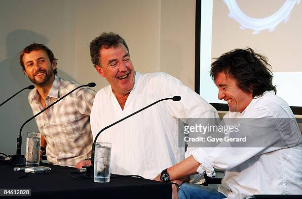 Steve Pizzati, Jeremy Clarkson and Richard Hammond laugh during a press conference for 'Top Gear Live' in the Rocks on February 4, 2009 in Sydney,...
