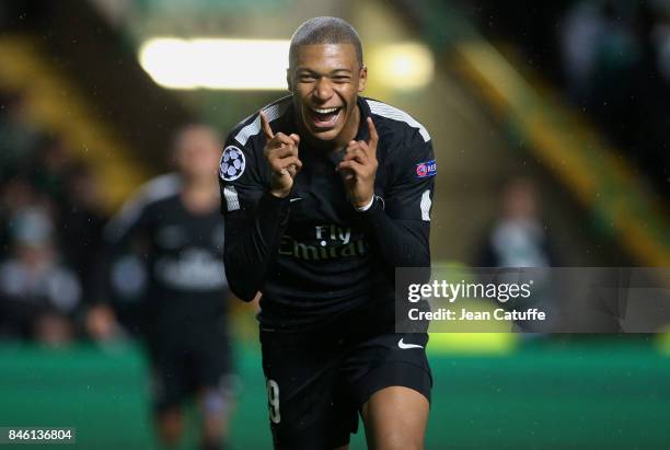 Kylian Mbappe of PSG celebrates his goal during the UEFA Champions League match between Celtic Glasgow and Paris Saint Germain at Celtic Park on...