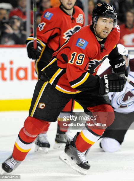 David Jones of the Calgary Flames plays in the game against the Colorado Avalanche at Scotiabank Saddledome on March 23, 2015 in Calgary, Alberta,...