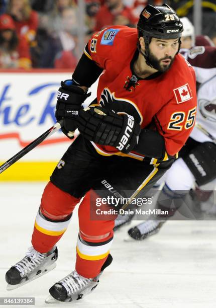 Brandon Bollig of the Calgary Flames plays in the game against the Colorado Avalanche at Scotiabank Saddledome on March 23, 2015 in Calgary, Alberta,...