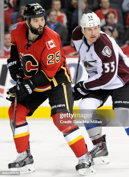 Brandon Bollig of the Calgary Flames plays in the game against the Colorado Avalanche at Scotiabank Saddledome on March 23, 2015 in Calgary, Alberta,...