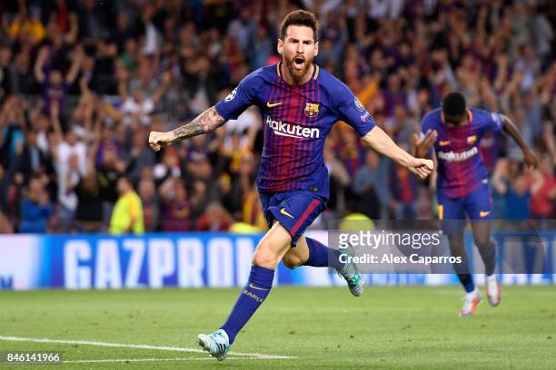 Lionel Messi of Barcelona celebrates scoring his sides first goal during the UEFA Champions League Group D match between FC Barcelona and Juventus at...