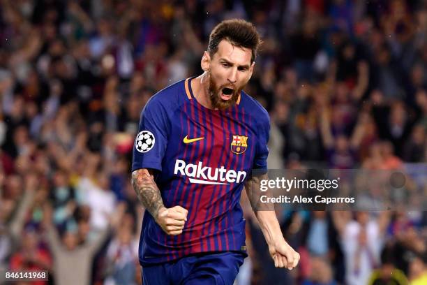 Lionel Messi of Barcelona celebrates scoring his sides first goal during the UEFA Champions League Group D match between FC Barcelona and Juventus at...