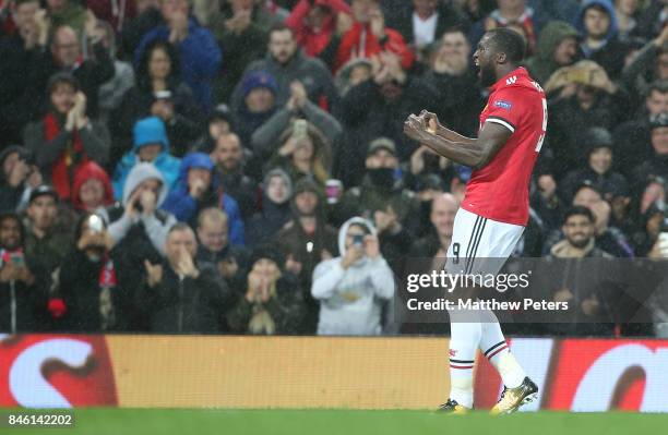 Romelu Lukaku of Manchester United celebrates scoring their second goal during the UEFA Champions League group A match between Manchester United and...