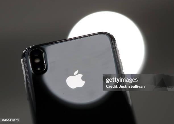 The new iPhone X is displayed during an Apple special event at the Steve Jobs Theatre on the Apple Park campus on September 12, 2017 in Cupertino,...