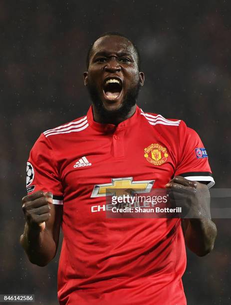 Romelu Lukaku of Manchester United celebrates scoring his sides second goal during the UEFA Champions League Group A match between Manchester United...