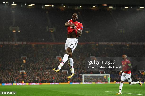 Romelu Lukaku of Manchester United celebrates scoring his sides second goal during the UEFA Champions League Group A match between Manchester United...