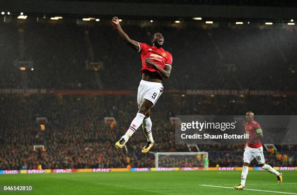 Romelu Lukaku of Manchester United celebrates scoring his sides second goal during the UEFA Champions League Group A match between Manchester United...