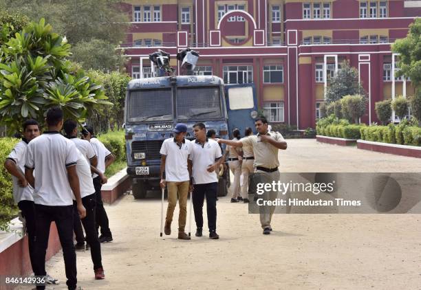 Security personnel at Ryan International School, on September 12, 2017 in Gurgaon, India. Seven year old student Pradhyumn Thakur was found dead with...