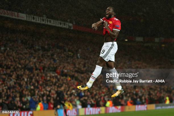 Romelu Lukaku of Manchester United celebrates after scoring a goal to make it 2-0 during to the UEFA Champions League match between Manchester United...