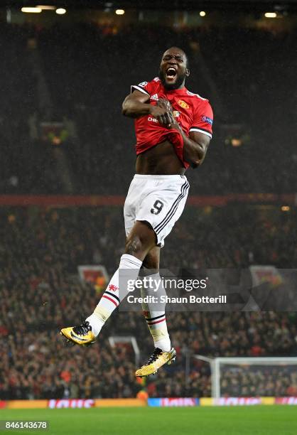 Romelu Lukaku of Manchester United celebrates scoring his sides second goal during the UEFA Champions League Group A match between Manchester United...