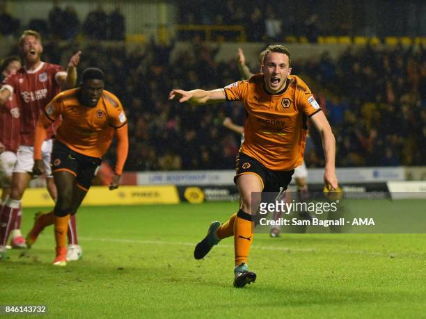Diogo Jota of Wolverhampton Wanderers celebrates after scoring a goal to make it 2-1 during the Sky Bet Championship match between Wolverhampton and...