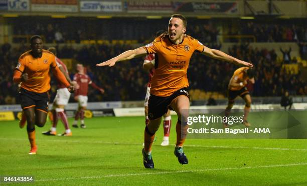 Diogo Jota of Wolverhampton Wanderers celebrates after scoring a goal to make it 2-1 during the Sky Bet Championship match between Wolverhampton and...