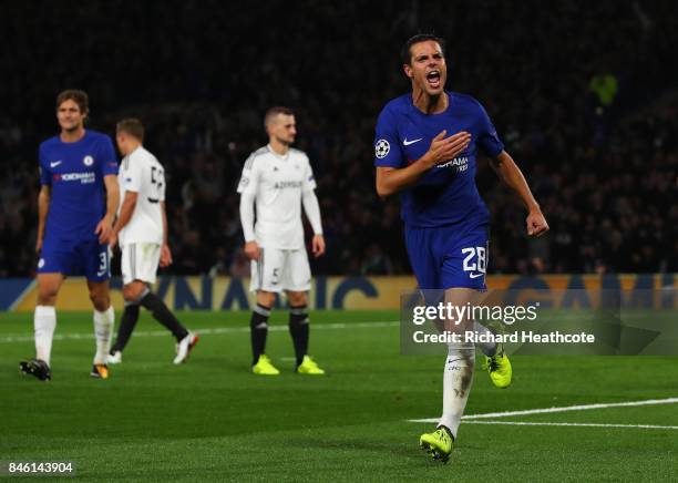 Cesar Azpilicueta of Chelsea celebrates scoring his sides third goal during the UEFA Champions League Group C match between Chelsea FC and Qarabag FK...