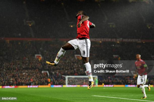 Romelu Lukaku of Manchester United celebrates scoring his sides second goal during the UEFA Champions League Group A match between Manchester United...