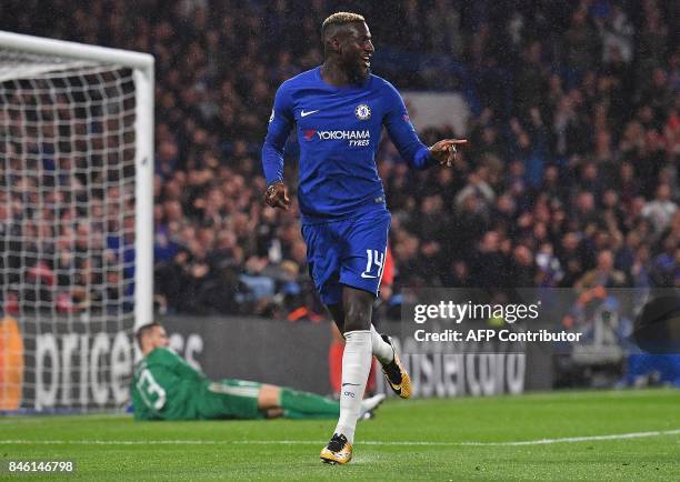 Chelsea's French midfielder Tiemoue Bakayoko celebrates scoring his team's fourth goal during the UEFA Champions League Group C football match...