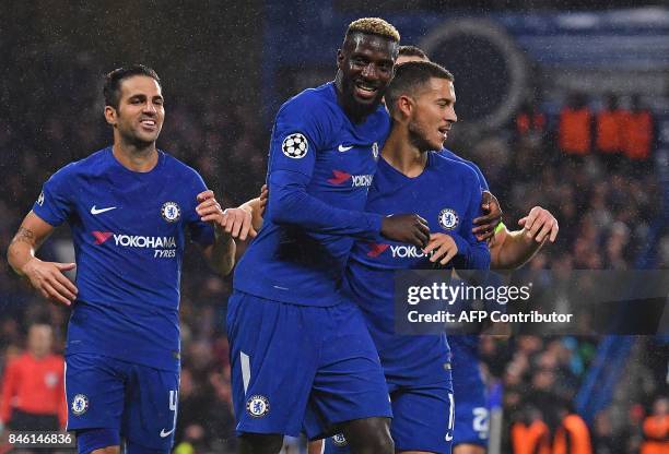 Chelsea's French midfielder Tiemoue Bakayoko celebrates scoring his team's fourth goal during the UEFA Champions League Group C football match...